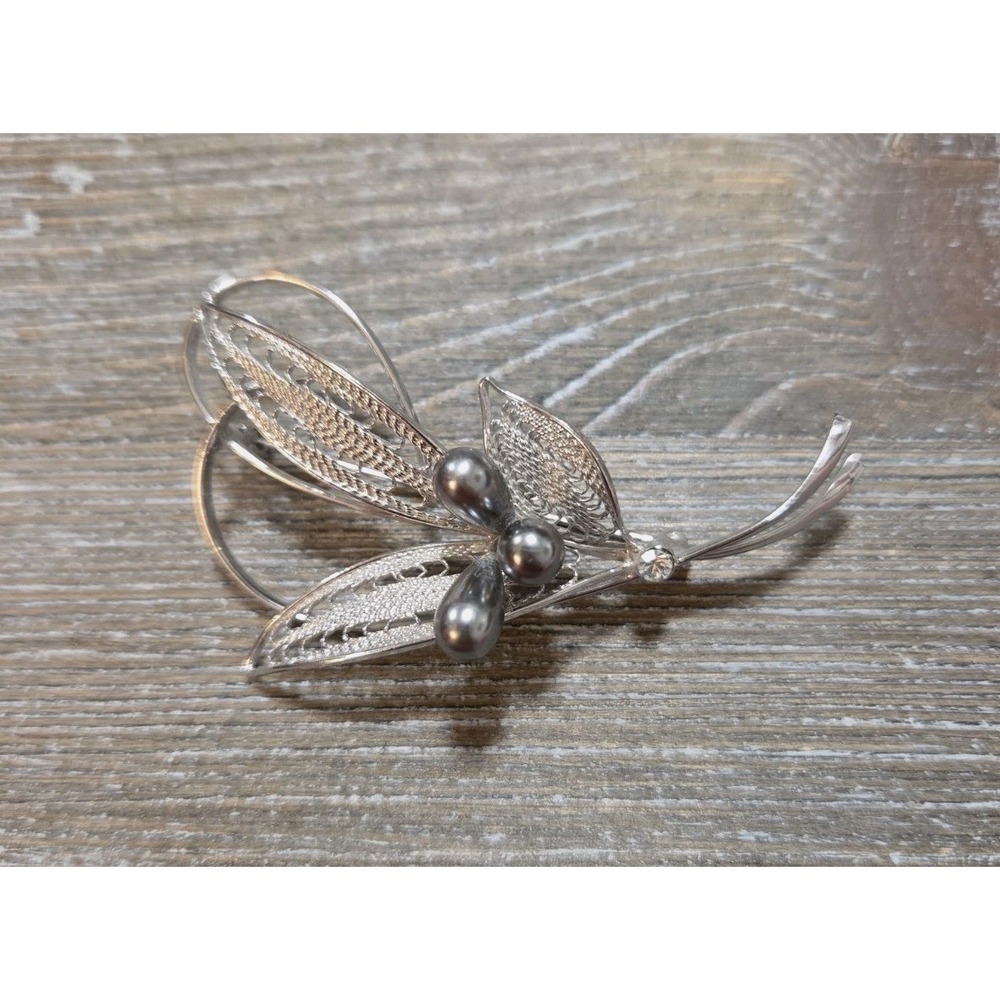 Silver Tone Leaves Vintage Brooch Pin Approximately 3" Faux Grey Pearls
